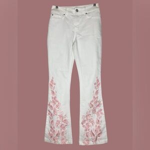 INC White Flare Jeans Cutout Pink Floral Embroidery Y2K Boho - Size 0